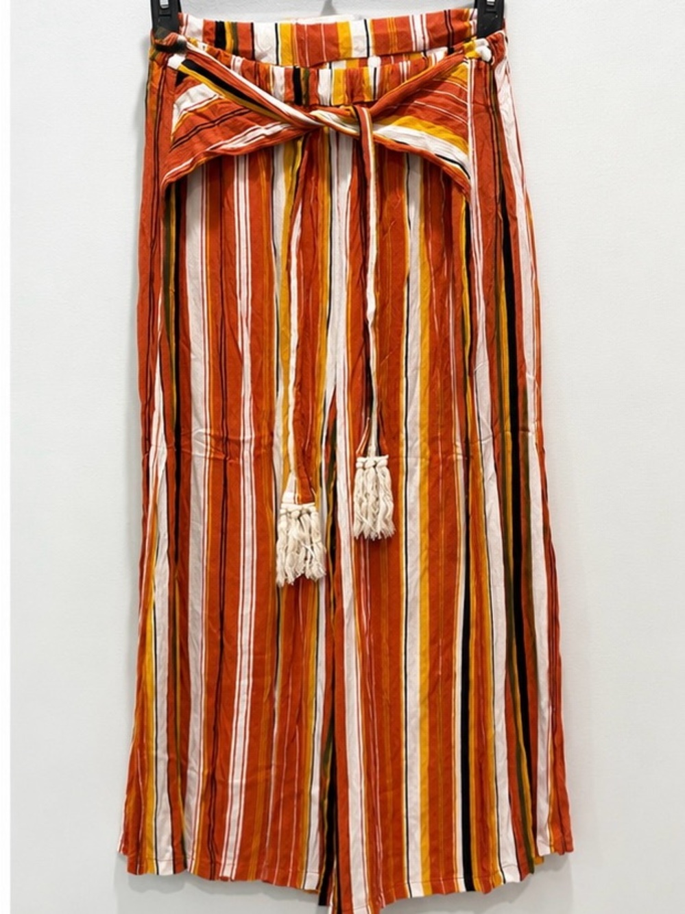 Simplee Striped Wide Leg Pants Orange Tie Waist Tassel Boho Size Large - Picture 1 of 6